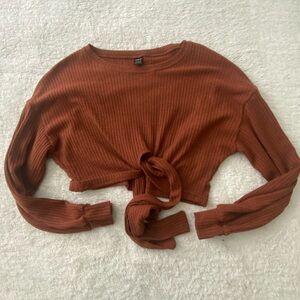 SHEIN Rust Ribbed Tie-Front Crop Top